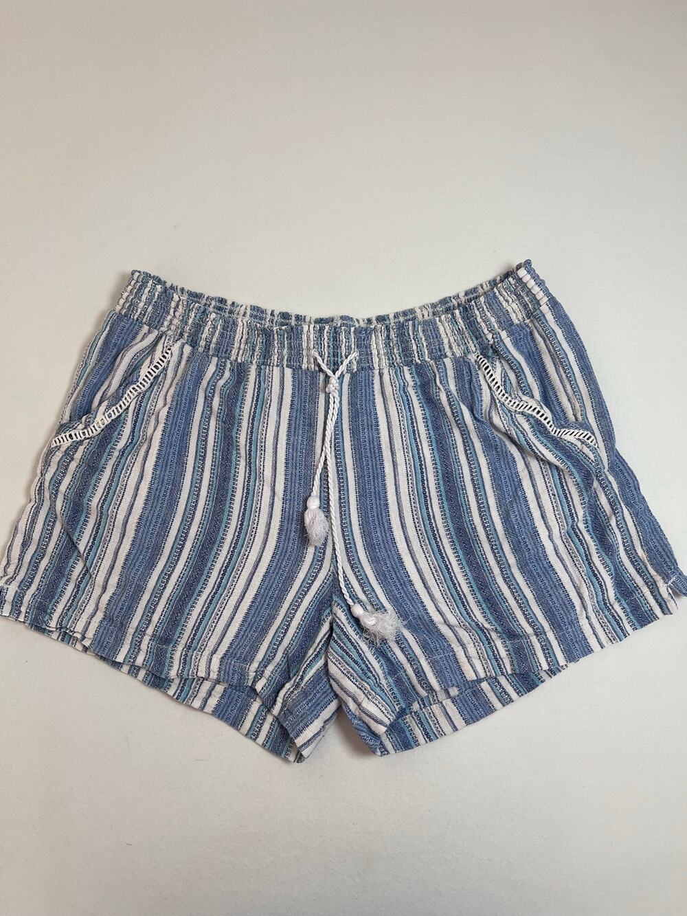 Briggs Womens XL Blue White Stripe Linen Blend Shorts Coastal Drawstring Boho